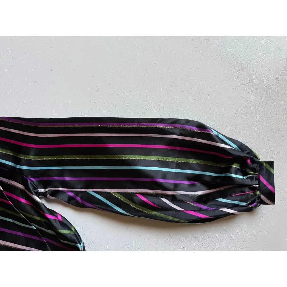 Kate Spade Women's Black Multi Party Stripe Tie-Neck Blouse Size XS
